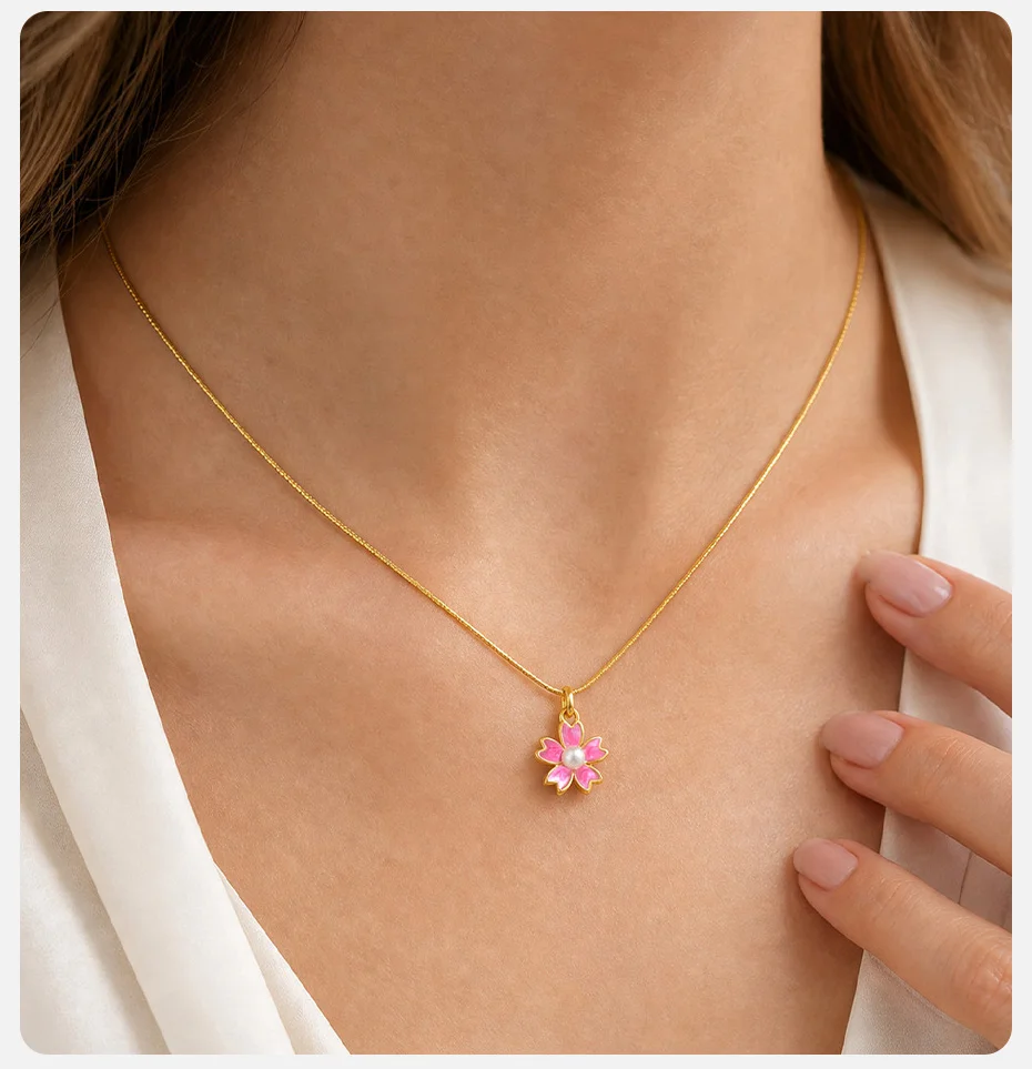 Vnox Exquisite Tropfenöl Rosa Blumen Imitationsperlen Anhänger Halskette für Frauen Vergoldete Süße Blumen Schlüsselbein Kette Schmuck – Detail 3
