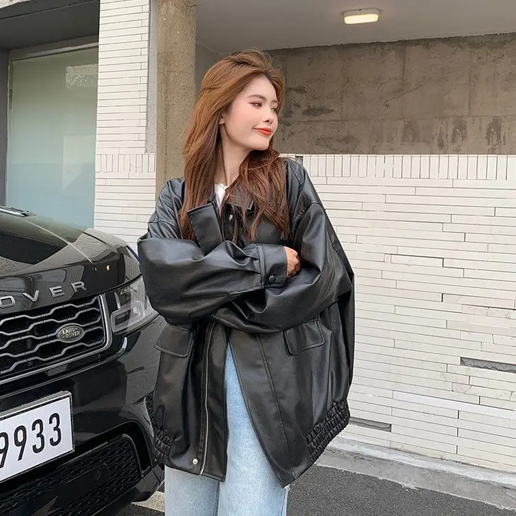 

Куртки для женщин, женское пальто, осенняя мода, Y2K, кожаный бомбер на молнии, темно-синий, чистый, женский, в стиле гранж, уличный, бархатный, теплый, модный оверсайз