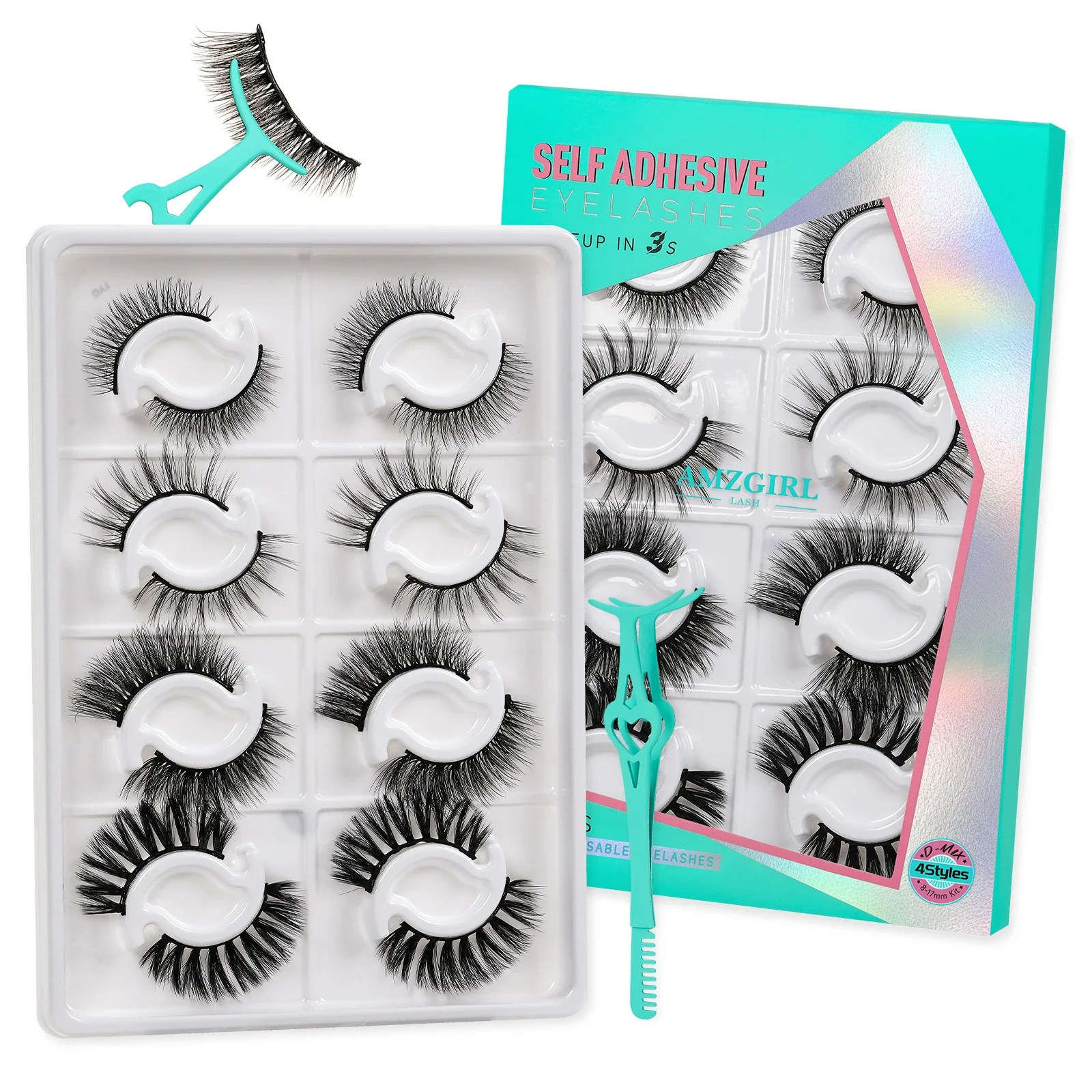 AMZGIRL LASH Self Adhesive Eyelashes 8 Pairs No Glue Needed DIY Lash Extension Kit Waterproof Wispy Lashes with Tweezer