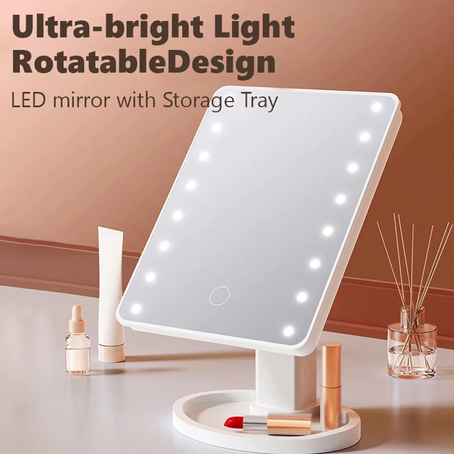 16 LED Light Vanity Mirror with Storage Base - 360° Rotating Touch-Sensitive Desktop Makeup Mirror (Dimmable Lighting)