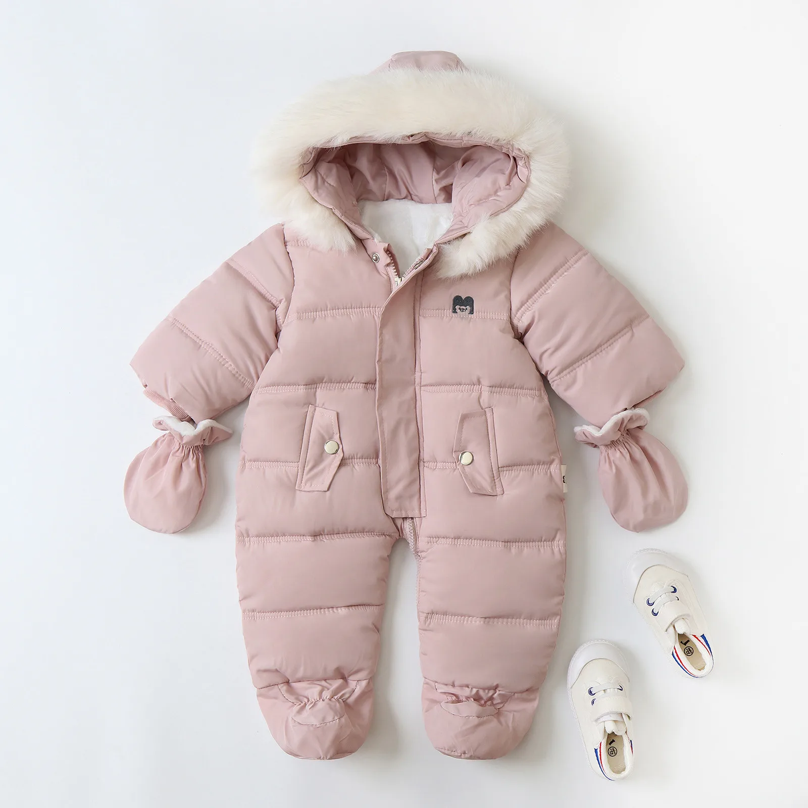 Winter New Baby Rompers Hooded Plush Children\'s Solid Color Jumpsuit Lining Jumpsuits Warm Infant Outerwear Kids Fleece Romper