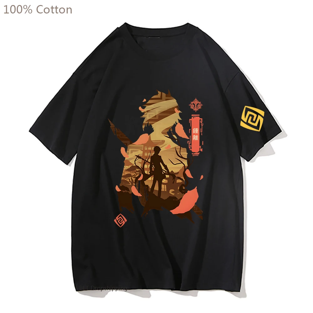 Genshin Impact T-shirt Zhong Li Tops Oversized T Shirts for Men/Women Hot Game Cartoon Streetwear Tshirt 100% Cotton Summer Tees