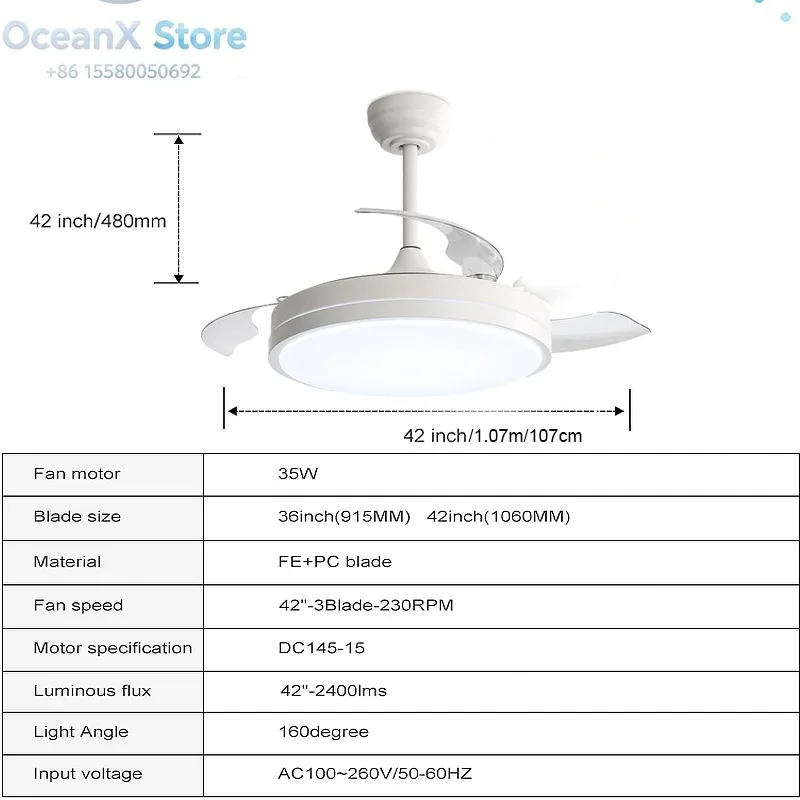 Hot Selling Modern Indoor 42 Inch Retractable Ceiling Fan with Light, ABS Blades, Dimmable Eye-Care LED