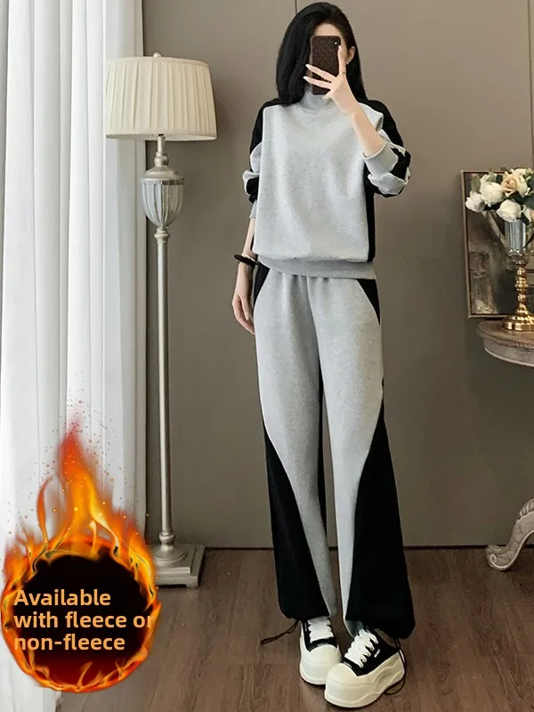 

Fashionable Fleece Lined Thickened Wide Leg Pants Set Women's Casual Sportswear Two Piece Set High Street Design Winter Colle...