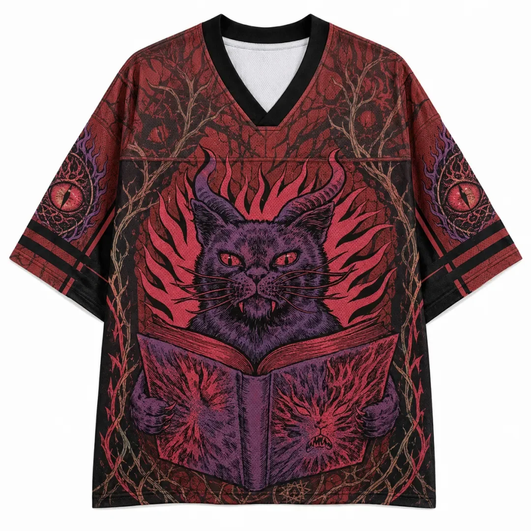 Gothic Devil Cat with Horn Reading Magic Book Full Print V-neck Mesh Knitwear Punk Street Style Short Sleeve T-shirt