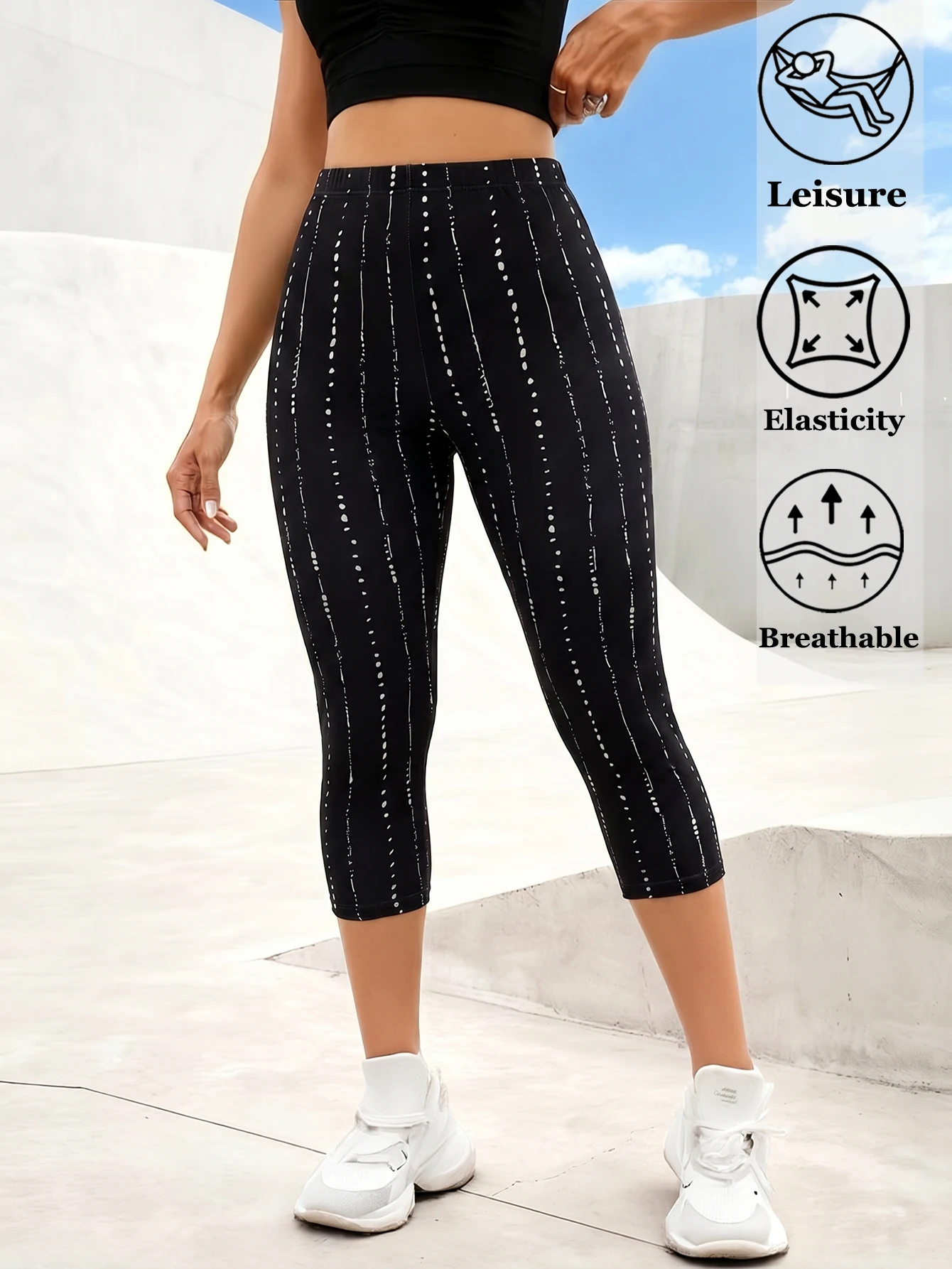 Women Black Minimalist Vertical Dotted Print Leggings Fashion Casual Travel Vacation Outdoor Camping Hiking Tights Capri Pants