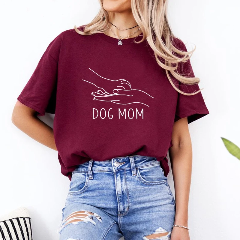 Dog Mom Hand in Hand Women T Shirts Cotton Summer Fashion Mom Life Graphic Tee O Neck T-shirt Ladies O Neck Animla Lover Clothes