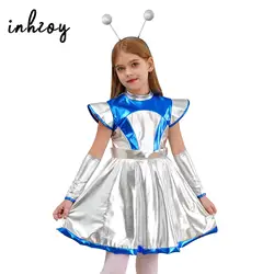 Kids Alien Costume for Girls Outer Space Man Astronaut Robot Cosplay Party Dress Up Metallic Cap Sleeve A Line Tutu Dress Outfit
