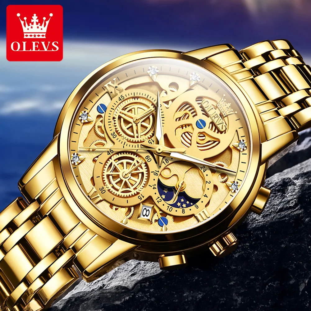 OLEVS Full Hollow Men\'s Watches Chronograph Multifunction Waterproof Moon Phase Quartz Watch for Men