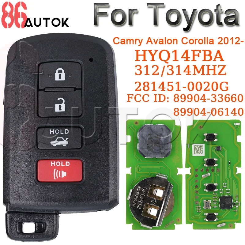 Car Remote Key for Toyota Camry G Avalon Hybrid Corolla Xel 312/314MHZ HYQ14FBA 2012-2017 281451-0020G 89904-06140 Smart Key