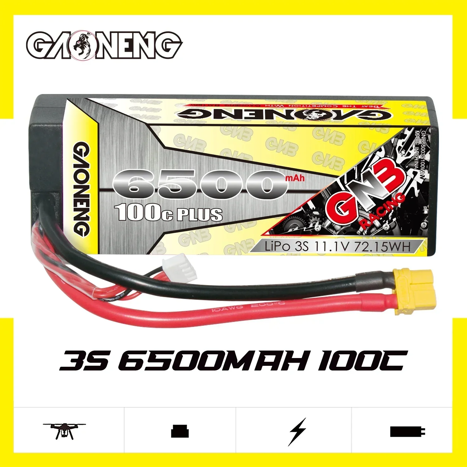 

GAONENG GNB 6500mAh 3S 100C 200C 11.1V Hard Case LiPo Battery Cabled with XT60 1/10 1/8 Scale RC Hobby Models