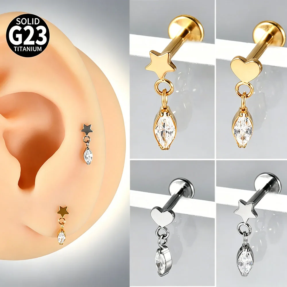 G23 Titanium Heart&Star Lip Studs Internal Thread Dangle Marquise CZ Cartilage Tragus Helix Daith  Earrings Piercing Jewelry 16G