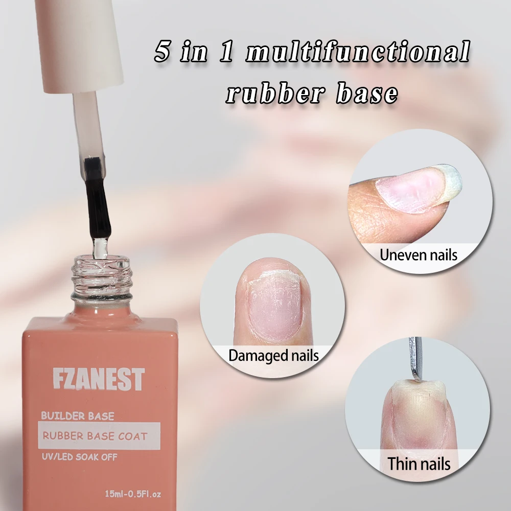 FZANEST UV Rubber Base Gel Nail Polish 15ML Clear Builder Rubber Base 2024 HEMA FREE Nail Strengthener Extension Gel in a Bottle