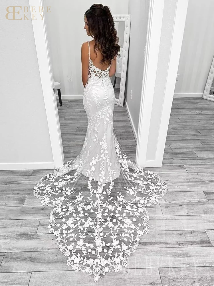 BEBEKEY personnalisé Sexy dentelle Robe de mariée bretelles Spaghetti sirène Robe de soirée de mariage dos nu robes de mariée robes formelles Robe