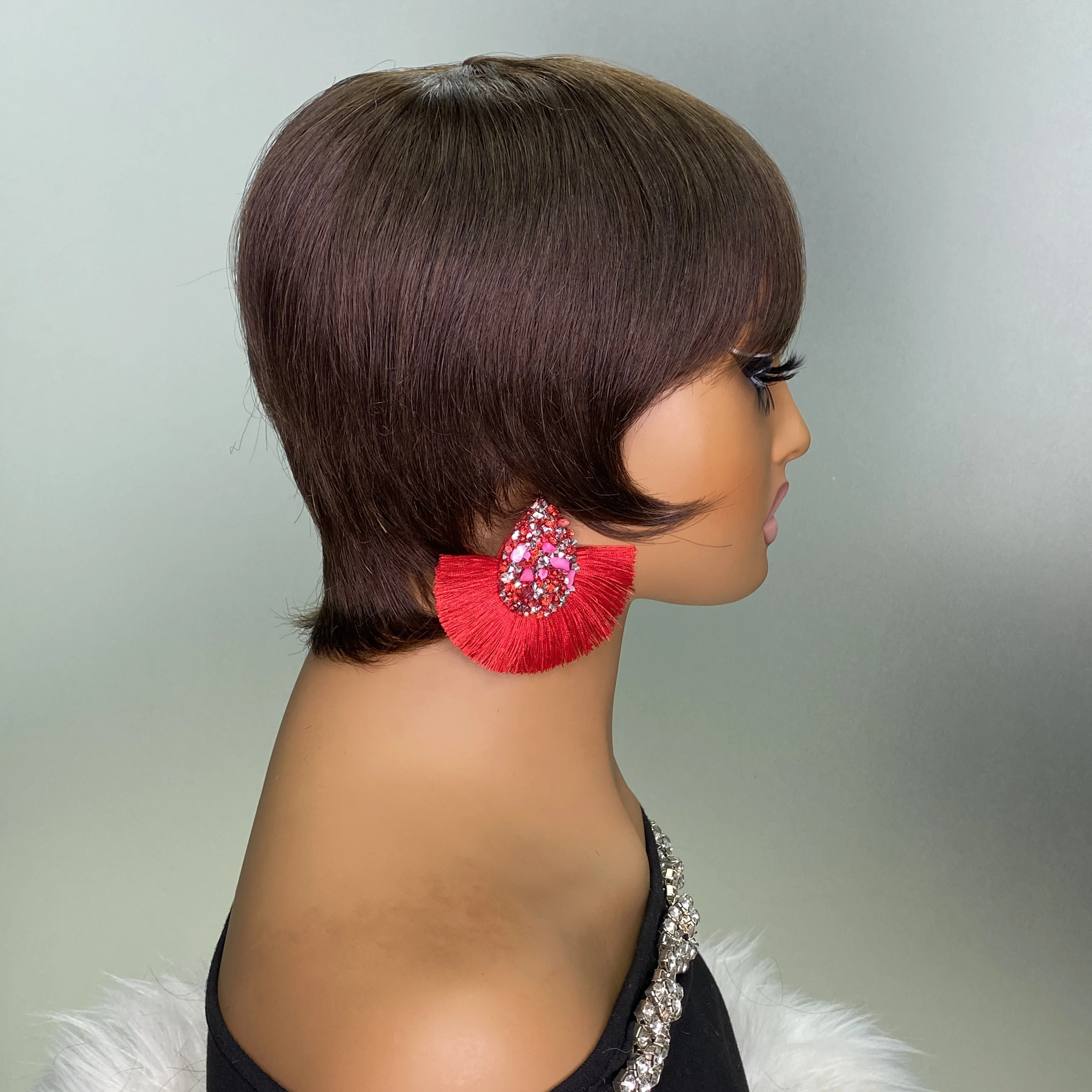 Human Hair Short Layered Pixie Cut for Black Women Brazilian Remy Machine Made Brown Color