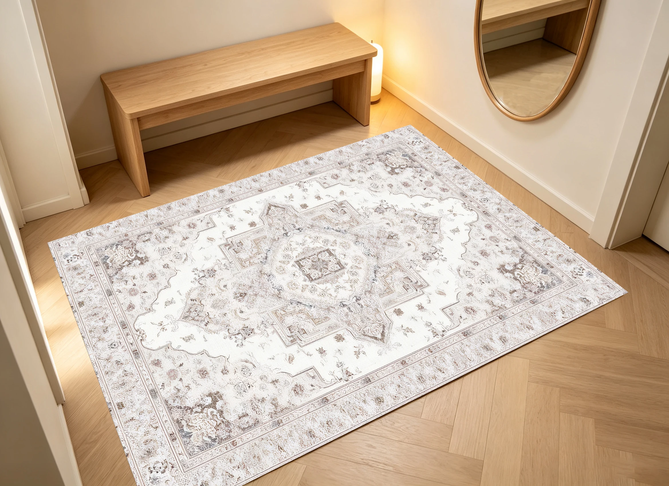 2D Velvet Rug in Light Beige-Grey, with a Vintage Persian Pattern, Exuding European Understated Luxury. Soft and
