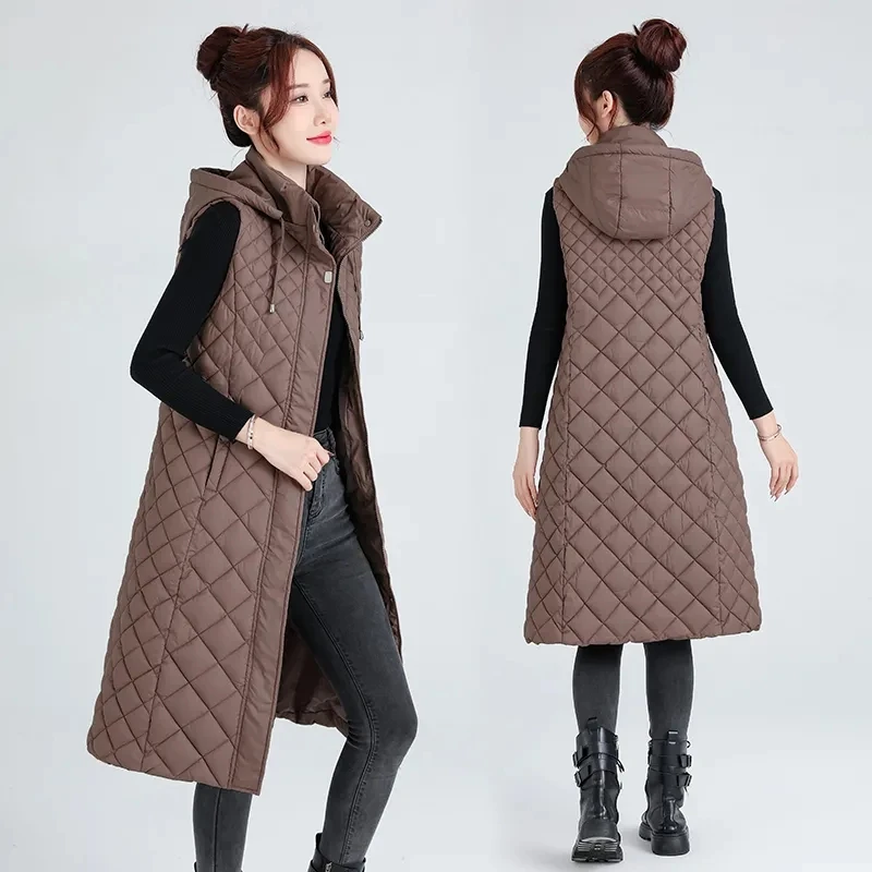 Chaleco largo con capucha para mujer, chaqueta sin mangas, ligera, color liso, novedad de otoño e invierno, 2024