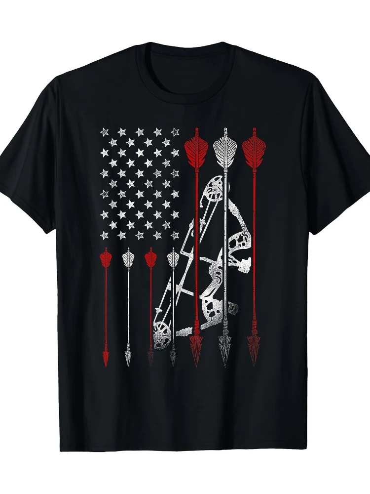 

Vintage American Flag Archery-Patriotic Compound Bow & Arrow design-100% cotton O-neck short sleeve printed men's T-shirt.