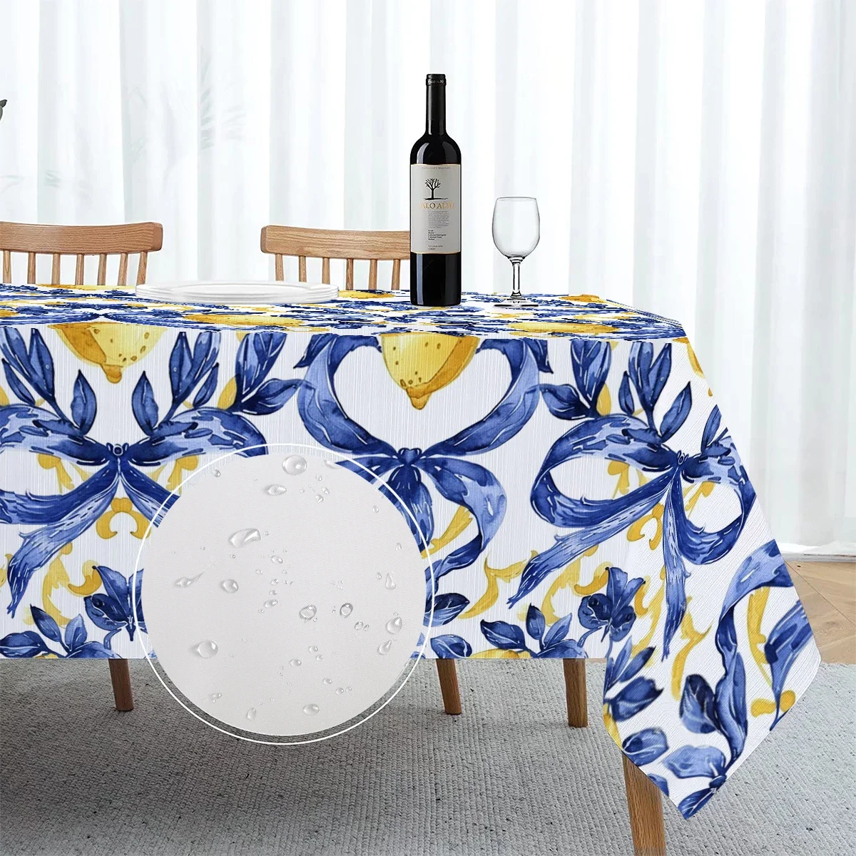 Yellow Lemon Print Waterproof Tablecloth for Dining Room Kitchen Buffet Table Summer Decor