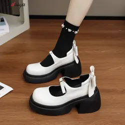 Sweet Bow Platform Lolita Shoes Women white black Med Heels Mary Janes Shoes Woman PU Leather Thick Bottom JK Uniform Shoes