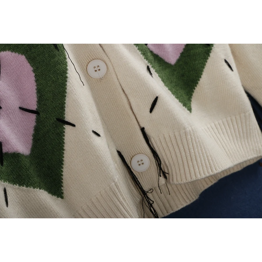 

Love Heart Knitted Sweater V-Ne Single Button Large Size Color Blo Long Sve Women's Faion Autumn Cardigan