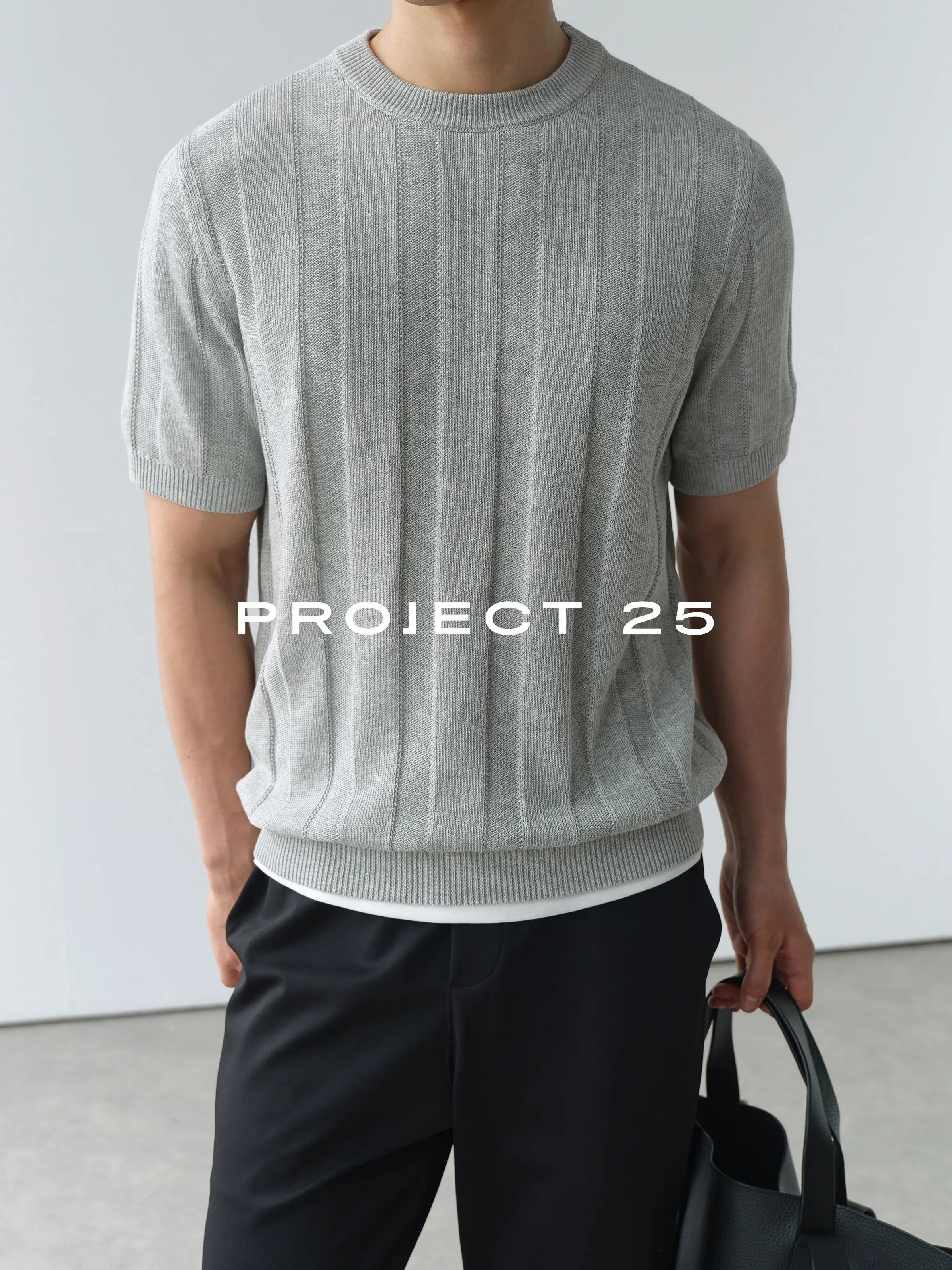 PROJECT 25 Men Linen Blend Vertical Jacquard Knit Crew Neck Short Sleeve T-shirt Old Money Retro