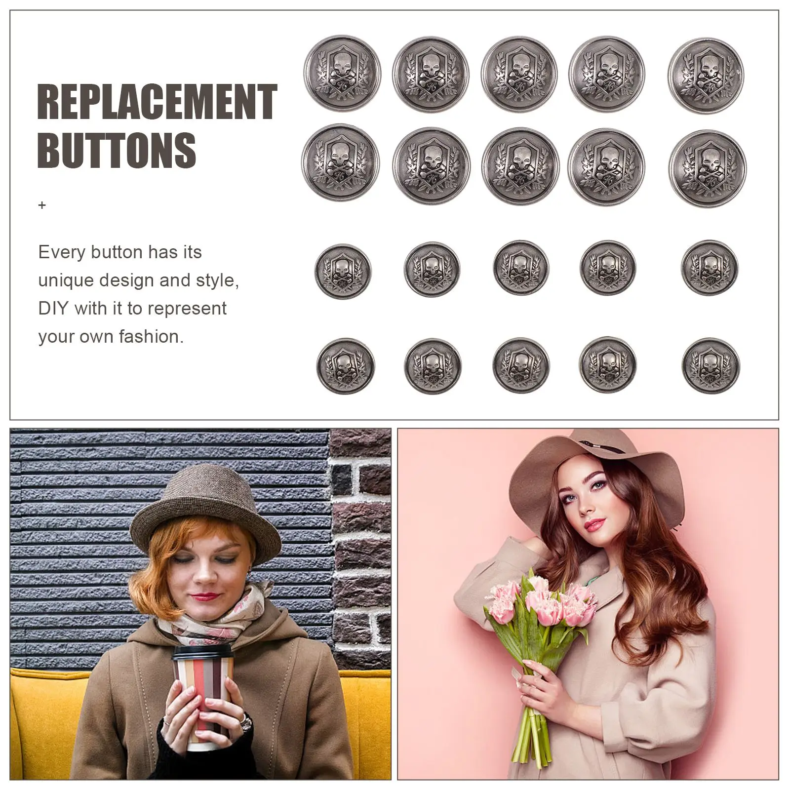 20pcs Metal Sewing Shank Suit Buttons vintage Alloy Skull Head Pattern Round Button Clothing Button Suit Jean Suit Buttons