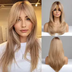 New Women's Gradient Gold Tail Curled Straight Hair 24 Inch Synthetic Wigs