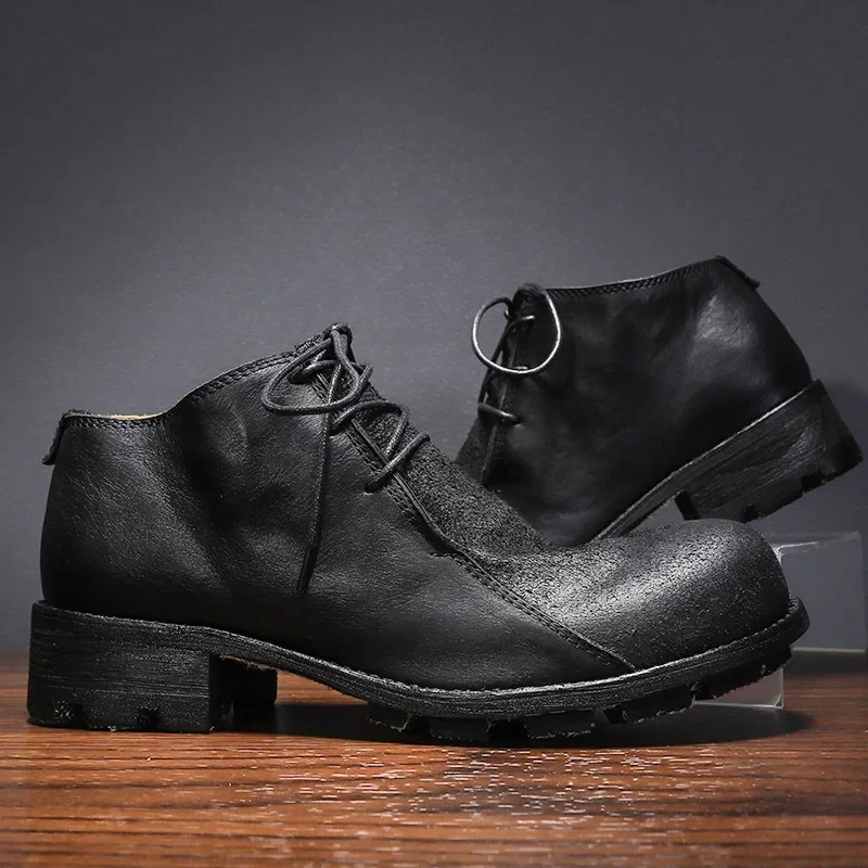 Men's Layer Leather Derby Retro High Top Round Head Low Top Workwear Casual Big Head Height Increasing Leather Shoes for Men