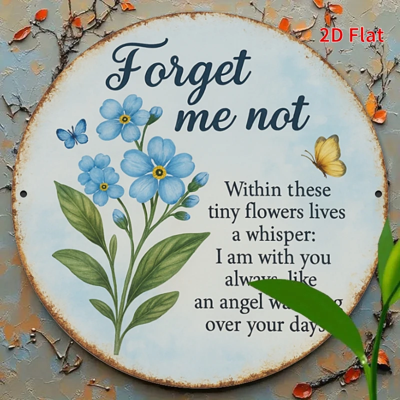 2D Flat, 1pc Forget-Me-Not Flower And Butterfly Round Metal Sign - Vintage Label Floral Wall Decor (Non-Erasable) - 8-Inch/7.87X