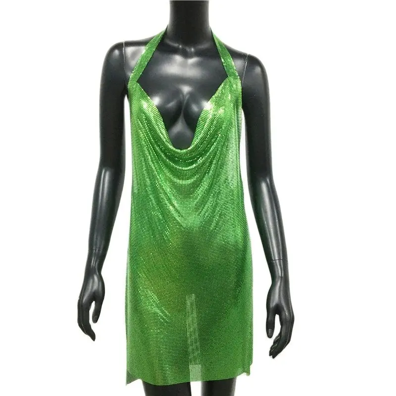 فستان نسائي قصير من FestivalQueen بقصة منخفضة بدون ظهر مع رسن سبليت ترتر معدني مفرغ ومثير فاخر أحادي اللون للمهرجان La