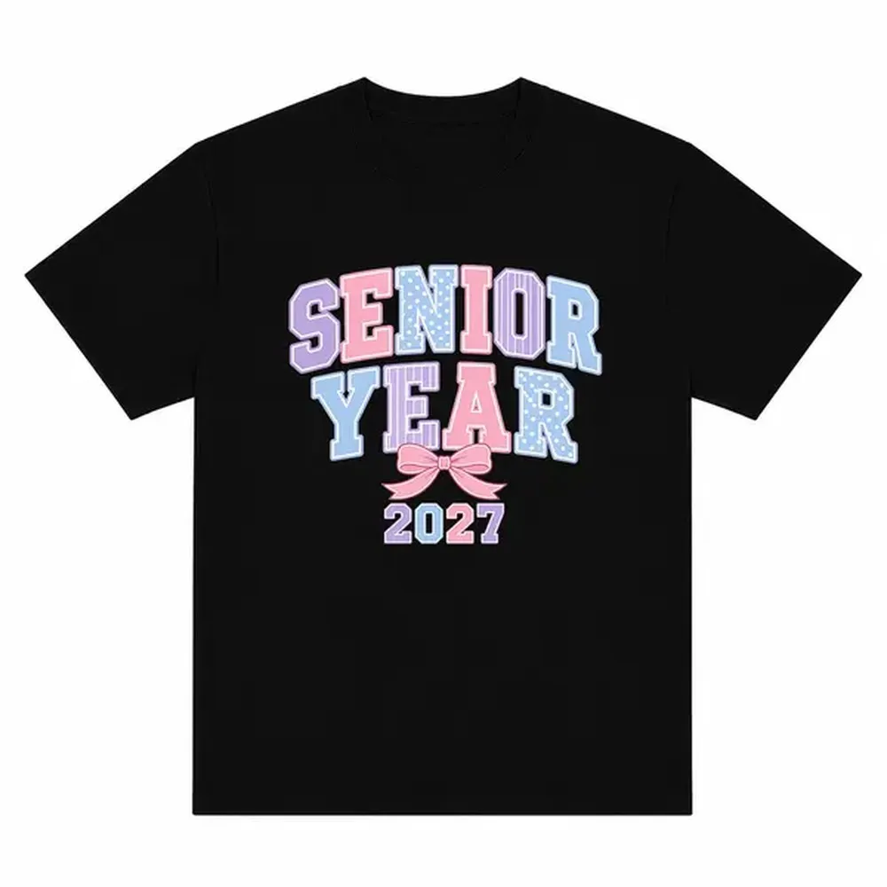 Senior Year 2027 T-shirt, Cute Bow Letter Print Shirt, Graduation Graphic Tee Top, Black Shirt for Men, Women, Unisex, Harajuku Streetwear, Oversized Casual Sweet Wear Outfit, Class of 2027 Gift Style