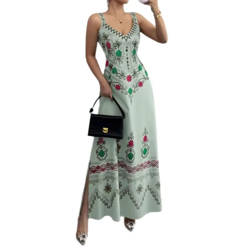 

Elegant Vintage Floral Long Dress Women V Neck Sling Back Lace Up Slim Waist Side Slit Maxi Dress Wedding Guest Party Dress