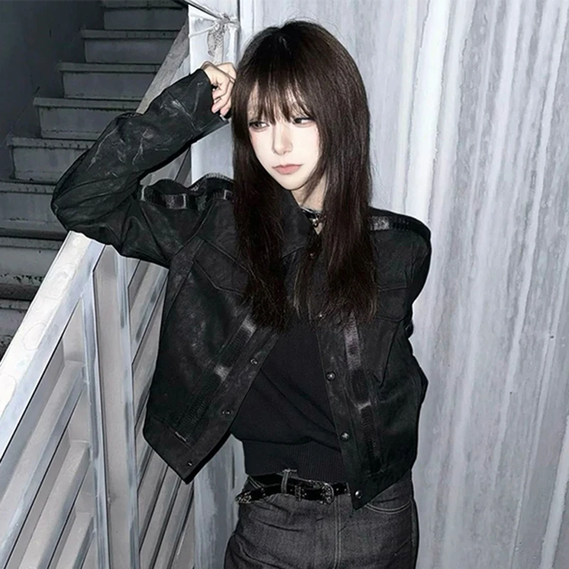Y2K Cropped Black Pu Leather Jacket Women Streetwear Striped Patchwork Motorcycle Coat Harajuku Vintage Long Sleeve Outerwears