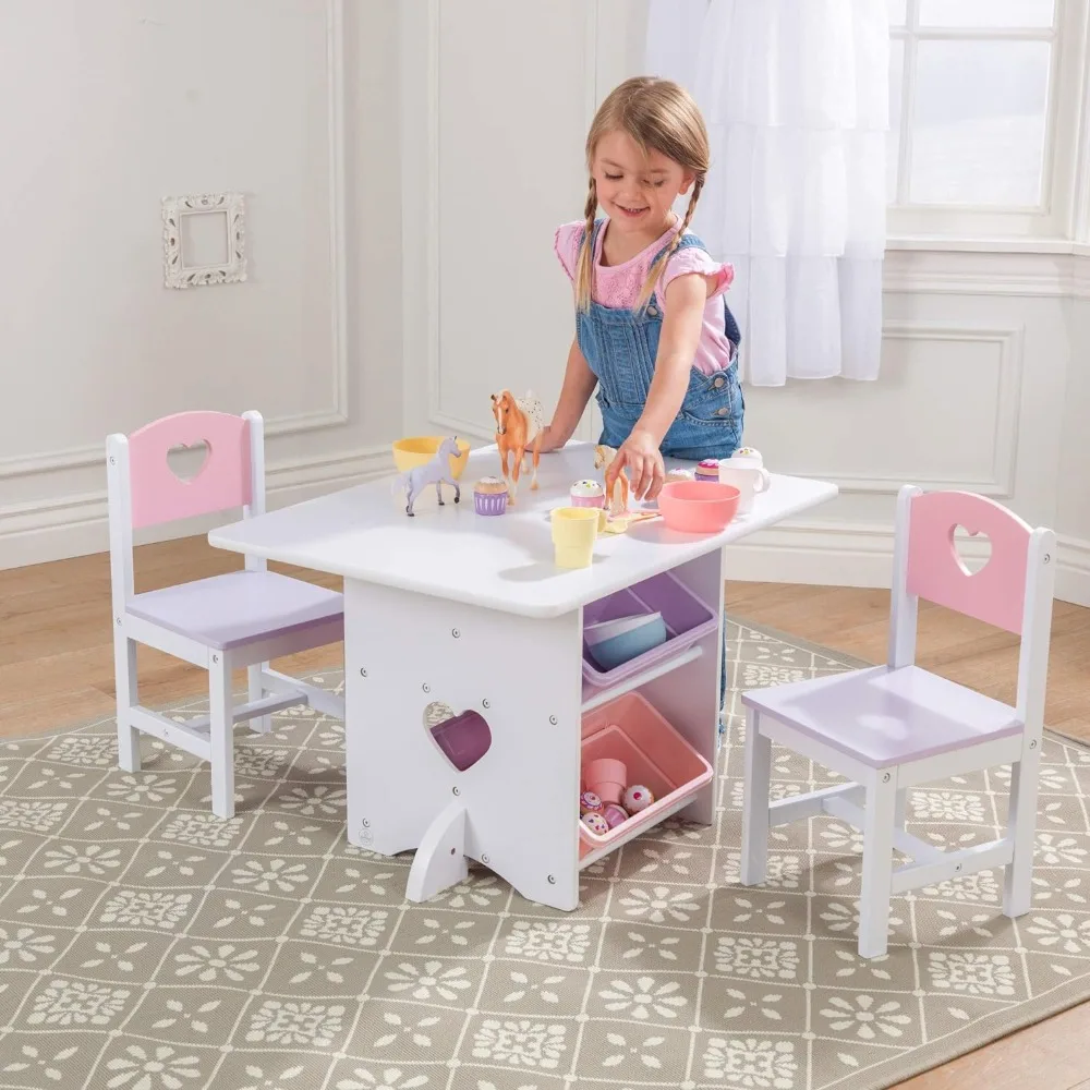 Juego de mesa y silla de corazón de madera con 4 contenedores de almacenamiento, muebles para niños, rosa, morado y blanco, regalo para edades de 3-8 años