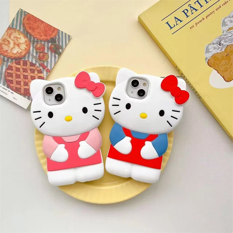 Funda de silicona suave de Sanrio 3D Hello Kitty con moño para iPhone 17 16 15 14 13 12 Pro Max 11 Xs XR 7 8 Plus SE 3
