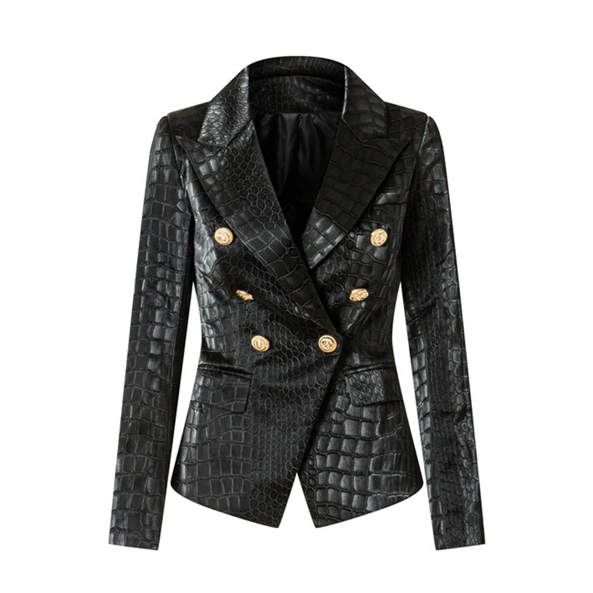 Fashion Latest Design Pu Women Blazer Leopard Print Double Breasted Buttons Faux Leather Jackets