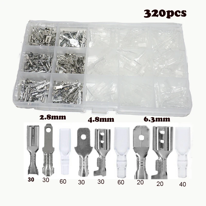 135/320PCS 2.8mm 4.8mm 6.3mm Male and Female Wire Spade Connector and Insulating Sleeve Assortment Kit for Car Audio Speaker