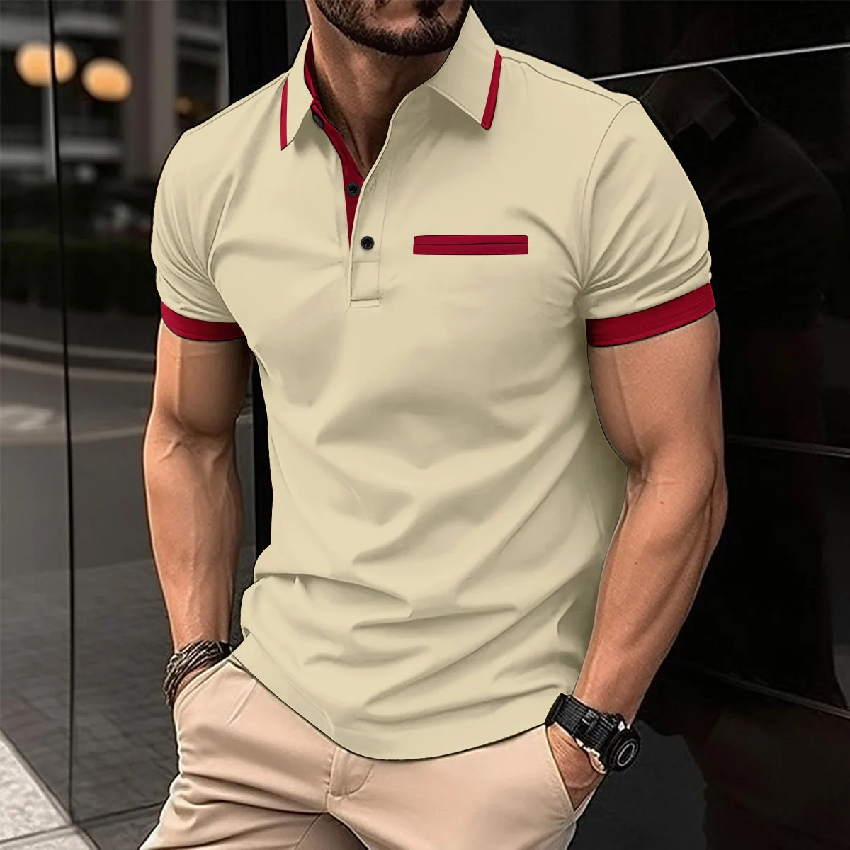 Men\'s lapel button-down POLO shirt Summer solid short sleeve top T-shirt Fashion business men\'s clothing Breathable top