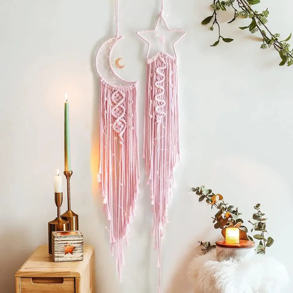 YOUZI 2PCS/SET Boho Dream Catcher Star Moon Wall Hanging Dreamcatchers Pink Decor Blessing Gift For Teenager Girls Friends