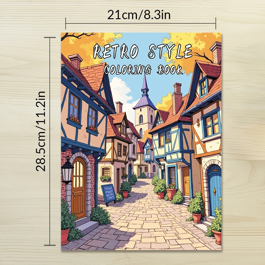 Kolorowanka dla dorosłych Vintage Street Scene - 8,3x 11,2 cala 32-stronna kolorowanka - pomaga zmniejszyć stres i łagodzi emocje
