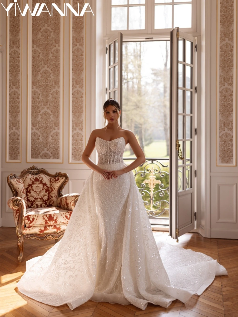 

Detachable Train Embroidery Beaded Lace Wedding Dress Charming Strapless Mermaid Bridal Gown Customized Dreamy Dresses For Bride