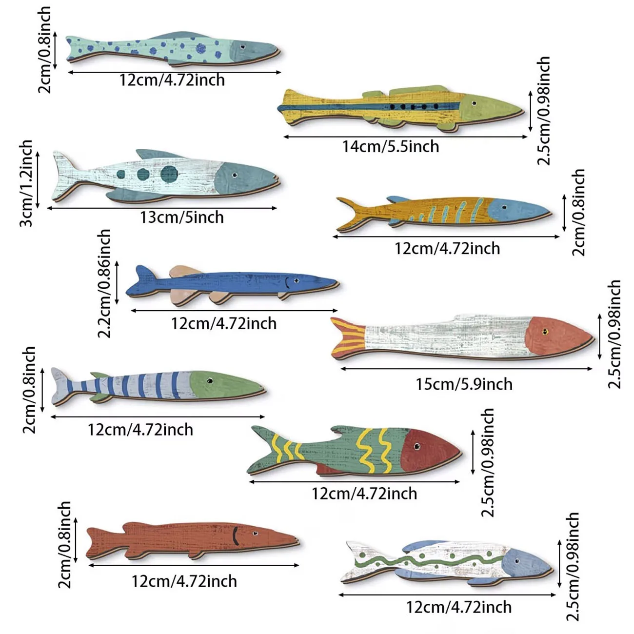 10Pcs Rustic Wooden Fish Wall Decor Set, Coastal Nautical Fish Wall Art