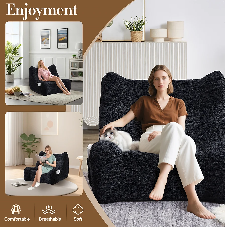 #Modern Bean Chair For Adults With Armrests-Oversized Comfy Lounge Chair For Living Room & Home Office