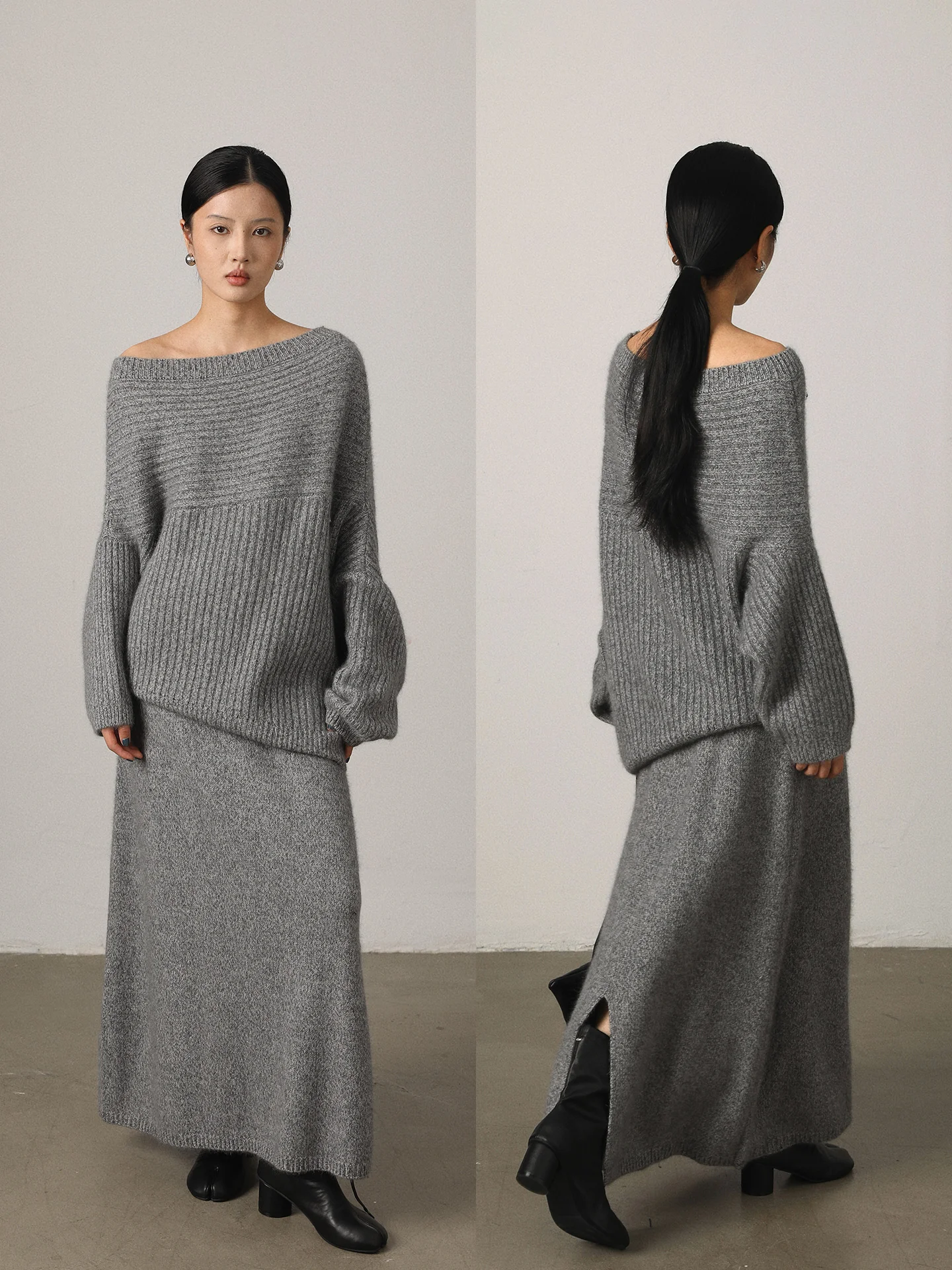 

Комплект из шерстяного вязаного свитера и юбки Vimore: мягкий, уютный, с градиентной полоской, дизайн на одно плечо, теплый зимний модный женский комплект.