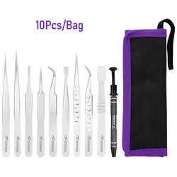 Pinças de aço inoxidável Set, Precisão, Curvo, Reto, Ferramentas de Reparação, Manutenção Profissional, Industrial, 10Pcs, Saco