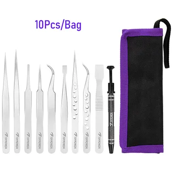 10pcs/bag Stainless steel tweezers set precision curved straight repair tools professional maintenance industrial tweezers