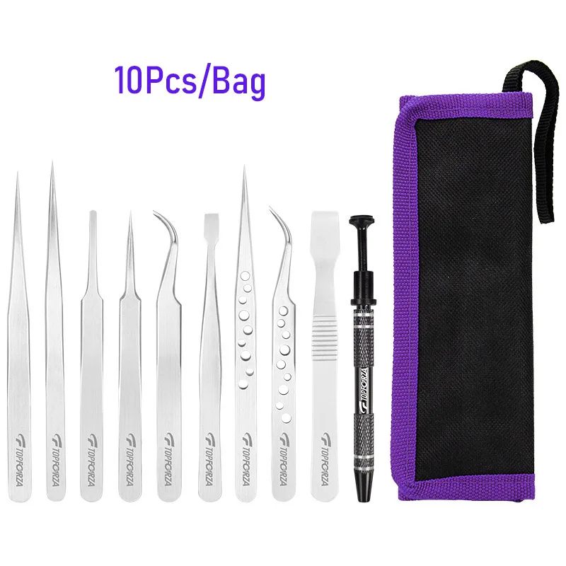 Pinças de Grupo Precisão Curvo Reto Ferramentas de Reparação Manutenção Profissional Industrial 10 Pcs Bolsa Aço Inoxidável