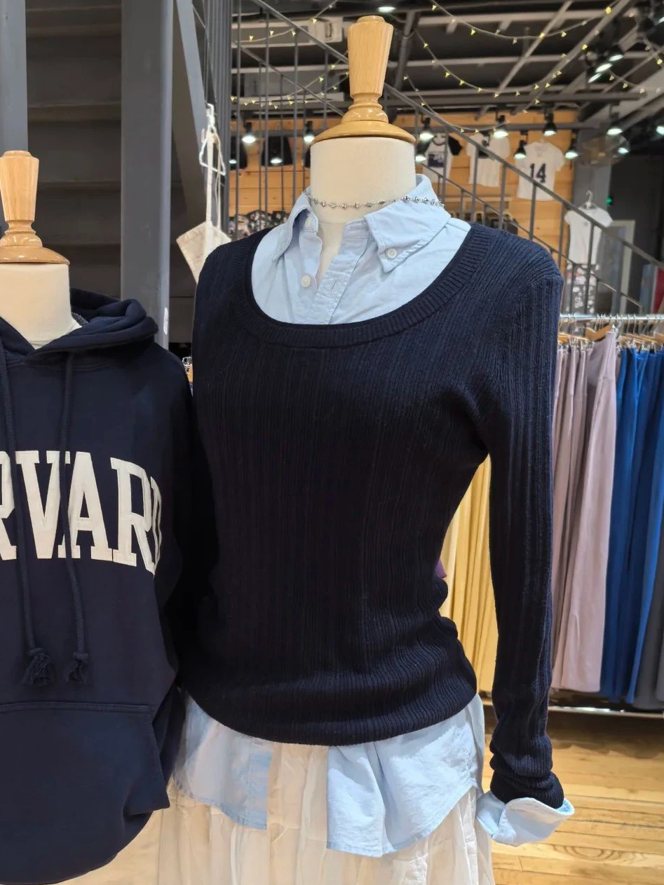 

Navy Knitted Long Sleeve T-shirt Woman Autumn O-neck Cotton Slim Tee Shirt Female Vintage Sweet Preppy Style Long Knitwear Tops