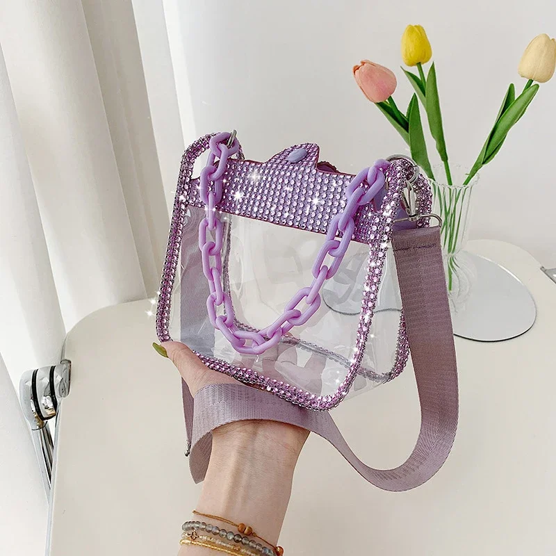 Transparent Shoulder Bag New Chain Handbag Fashionable Diamond Inlaid Jelly Bag PVC Women Crossbody Bag